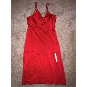 Red satin cowl neck dress with side slit